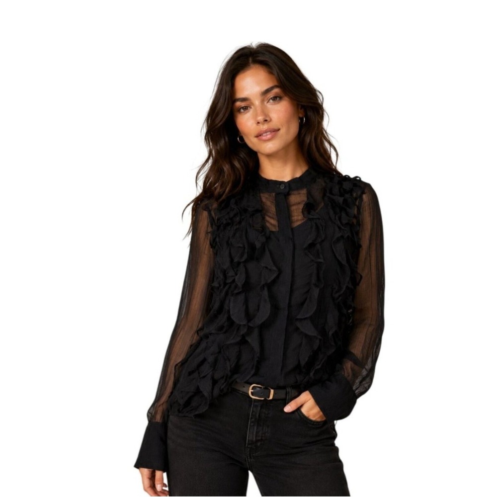 J Crew Ruffle Blouse Size 18 Black Sheer Cupro Long Sleeve Whimsigoth New‎